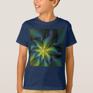Abstract Star, Shiny Blue Green Golden Fractal Art T-Shirt