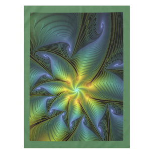 Abstract Star, Shiny Blue Green Golden Fractal Art Tablecloth