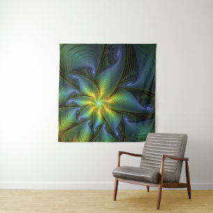 Abstract Star, Shiny Blue Green Golden Fractal Art Tapestry