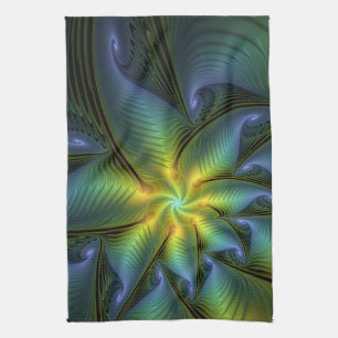 Abstract Star, Shiny Blue Green Golden Fractal Art Tea Towel