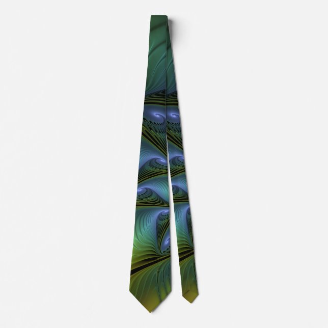 Abstract Star, Shiny Blue Green Golden Fractal Art Tie (Front)