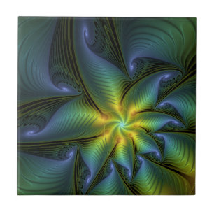 Abstract Star, Shiny Blue Green Golden Fractal Art Tile