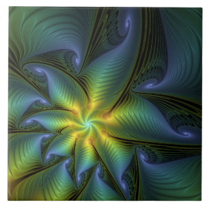 Abstract Star, Shiny Blue Green Golden Fractal Art Tile