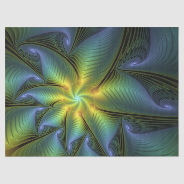Abstract Star, Shiny Blue Green Golden Fractal Art Tissue Paper (Front)
