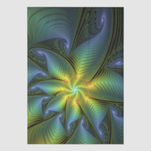 Abstract Star, Shiny Blue Green Golden Fractal Art Tissue Paper