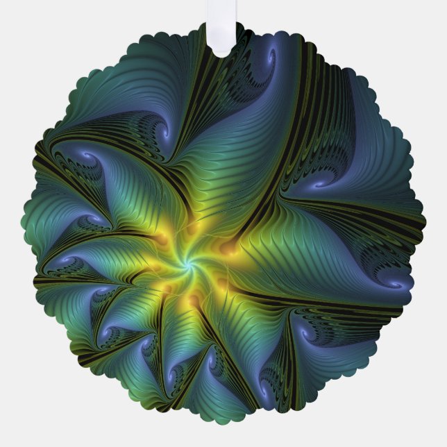 Abstract Star, Shiny Blue Green Golden Fractal Art Tree Decoration Card (Front)