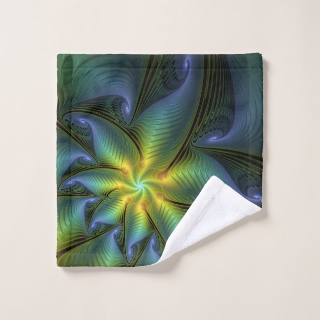 Abstract Star, Shiny Blue Green Golden Fractal Art Wash Cloth (Wash Cloth)