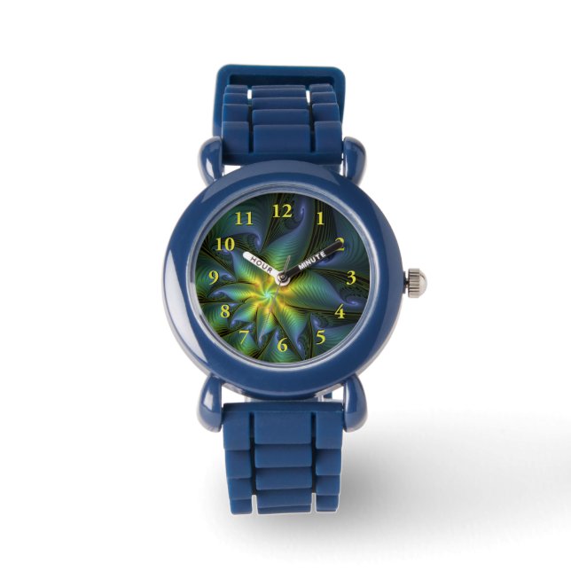 Abstract Star, Shiny Blue Green Golden Fractal Art Watch (Front)