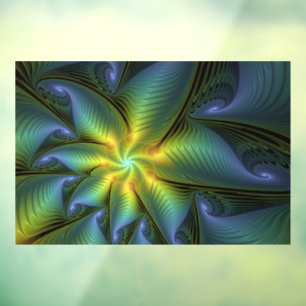 Abstract Star, Shiny Blue Green Golden Fractal Art Window Cling