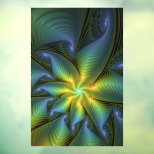Abstract Star, Shiny Blue Green Golden Fractal Art Window Cling