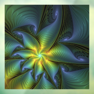 Abstract Star, Shiny Blue Green Golden Fractal Art Window Cling