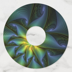 Abstract Star, Shiny Blue Green Golden Fractal Art Wine Glass Tag