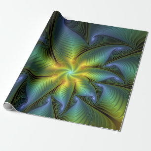 Abstract Star, Shiny Blue Green Golden Fractal Art Wrapping Paper