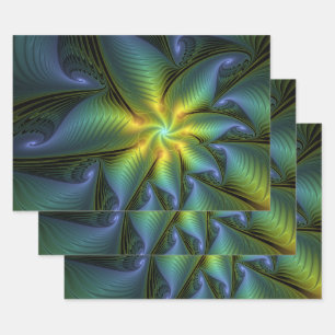 Abstract Star, Shiny Blue Green Golden Fractal Art Wrapping Paper Sheet