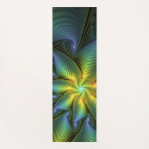 Abstract Star, Shiny Blue Green Golden Fractal Art Yoga Mat