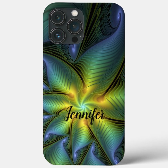 Abstract Star Shiny Blue Green Golden Fractal Name Case-Mate iPhone Case (Back)