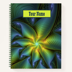Abstract Star Shiny Blue Green Golden Fractal Name Notebook