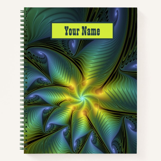 Abstract Star Shiny Blue Green Golden Fractal Name Notebook (Front)