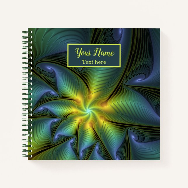 Abstract Star Shiny Blue Green Golden Fractal Name Notebook (Front)