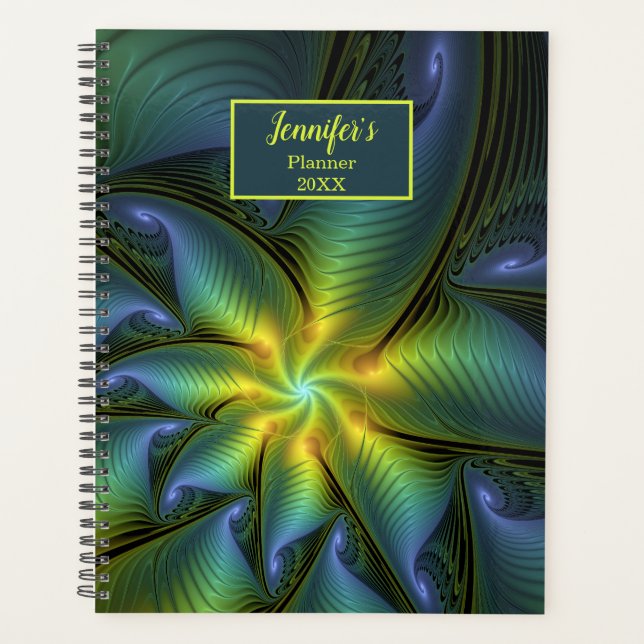 Abstract Star Shiny Blue Green Golden Fractal Name Planner (Front)