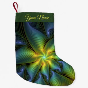 Abstract Star Shiny Blue Green Golden Fractal Name Small Christmas Stocking