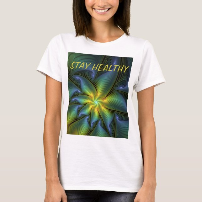 Abstract Star Shiny Blue Green Golden Fractal Text T-Shirt (Front)