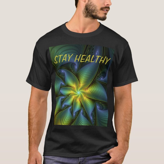 Abstract Star Shiny Blue Green Golden Fractal Text T-Shirt (Front)