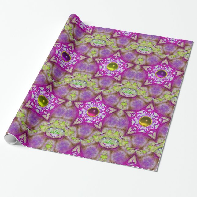 ABSTRACT STARS WITH PURPLE ,YELLOW,PINK GEM STONES WRAPPING PAPER (Unrolled)