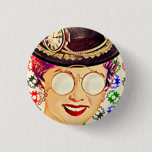 Abstract Steampunk Lady and Colourful Gears  3 Cm Round Badge