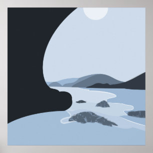Abstract Steel Blue Stylized Beach Seascape Poster