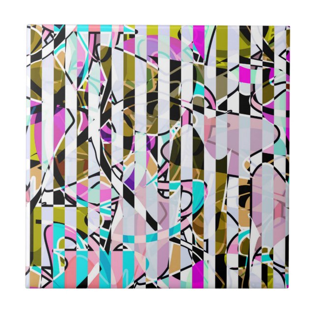Abstract striped pattern stripes beige turquoise p tile (Front)