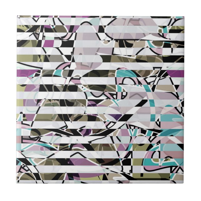 Abstract striped pattern stripes beige turquoise tile (Front)