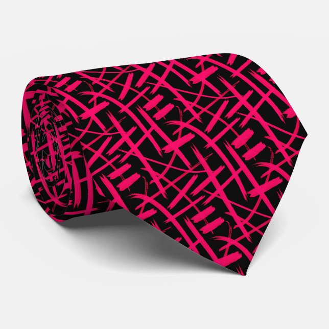 Abstract Strokes 020524 - Neon Red and Black Tie (Rolled)