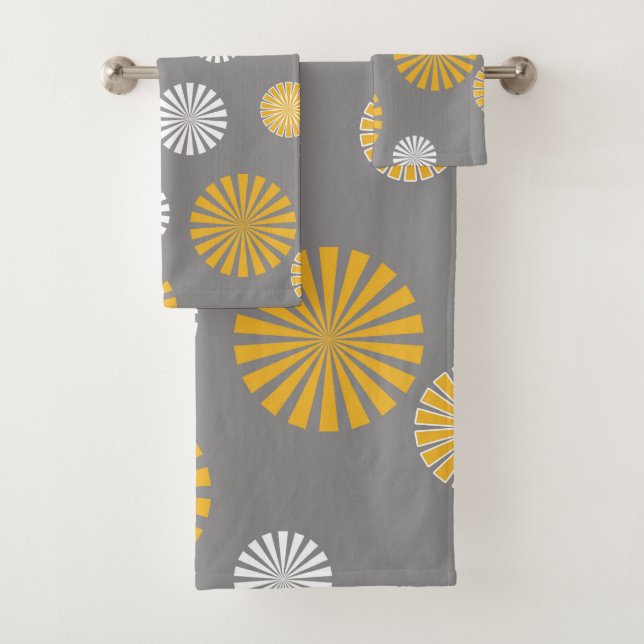 Abstract, stylised dandelions, grey, yellow, white bath towel set (Insitu)
