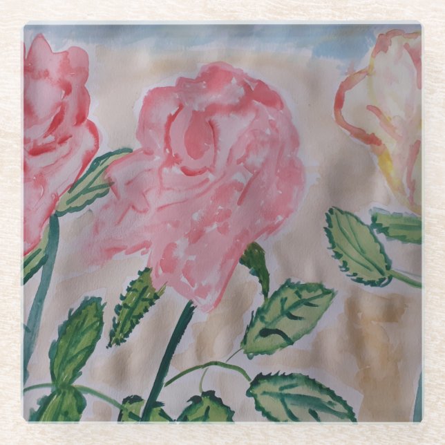Abstract Summer Roses Glass Coaster (Front)