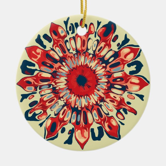 Abstract SUN FLOWER - red blue + your backgr. Ceramic Tree Decoration (Front)