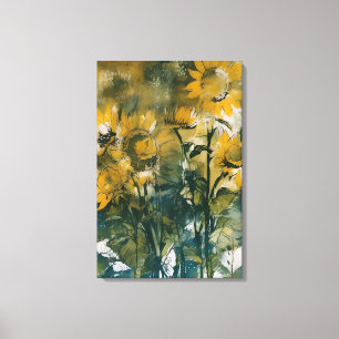 Abstract sunflower art, rich teals, yellows canvas print