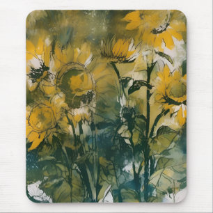 Abstract sunflower art, rich teals, yellows mouse mat
