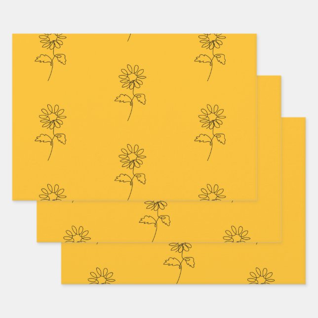 Abstract Sunflower Continuous Line Artistic Art Wrapping Paper Sheet (Set)