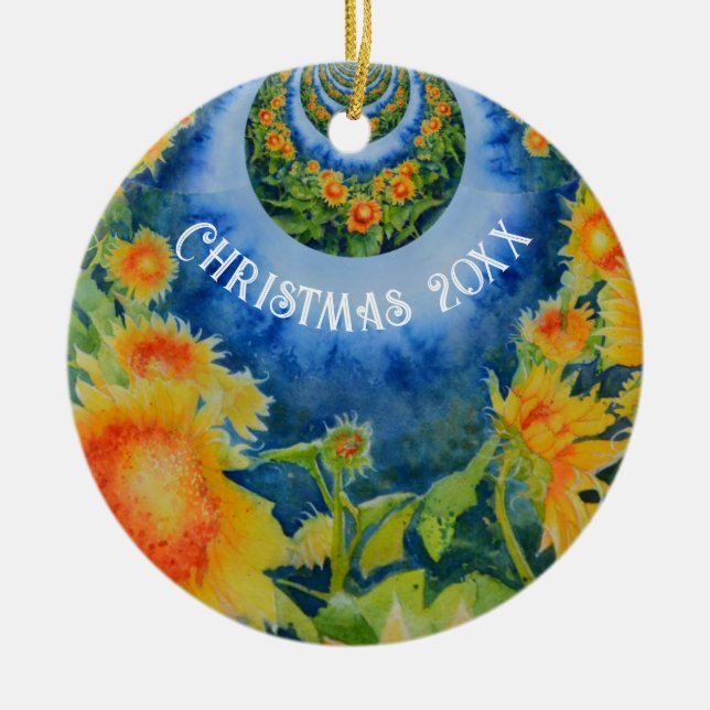 Abstract sunflower field | retro yellow floral   ceramic tree decoration (Front)