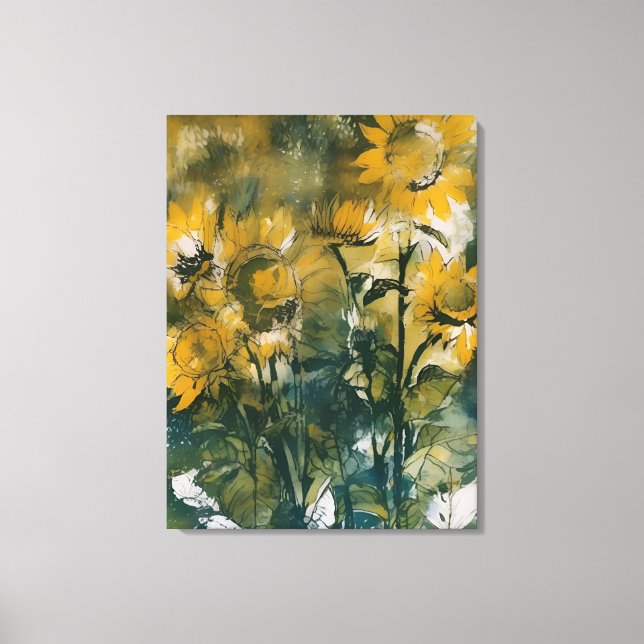 Abstract sunflowers fine art, teals, gold  canvas print (Front)