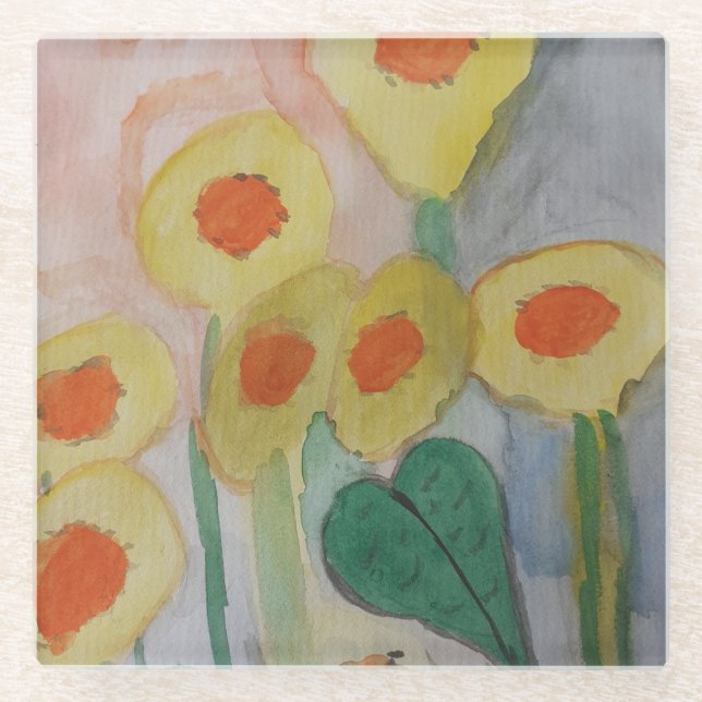 Abstract Sunflowers Glass Coaster (Front)