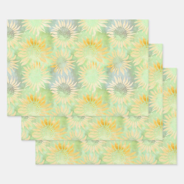 Abstract Sunflowers on Light Green Decoupage Tissu Wrapping Paper Sheet (Set)