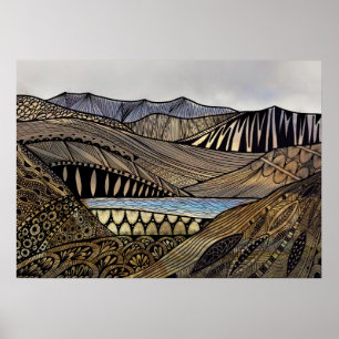 Abstract sunrise landscape mountains and river poster