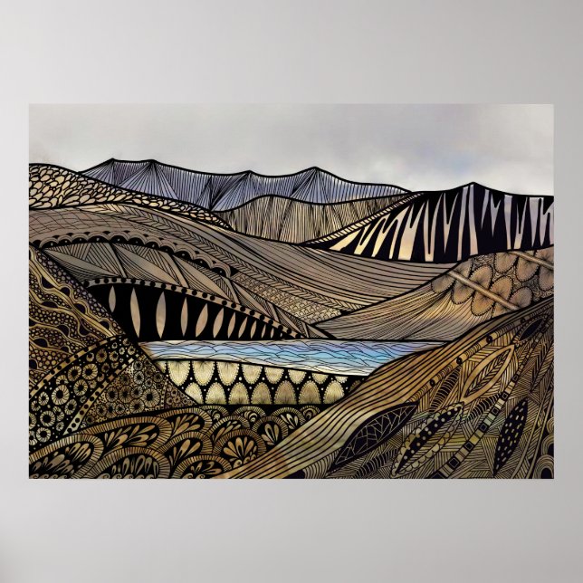 Abstract sunrise landscape mountains and river poster (Front)