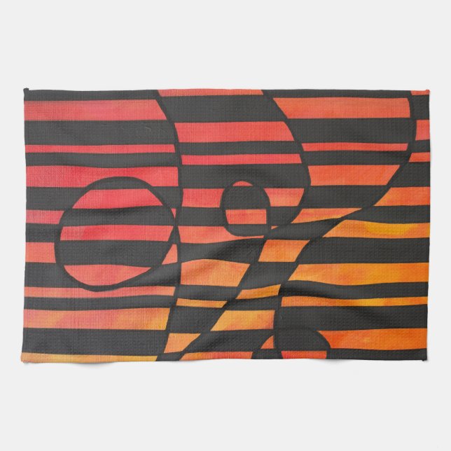 Abstract Sunset Stripes with Bold Geometric Shapes Tea Towel (Horizontal)