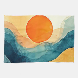 Abstract Sunset Waves Art Tea Towel