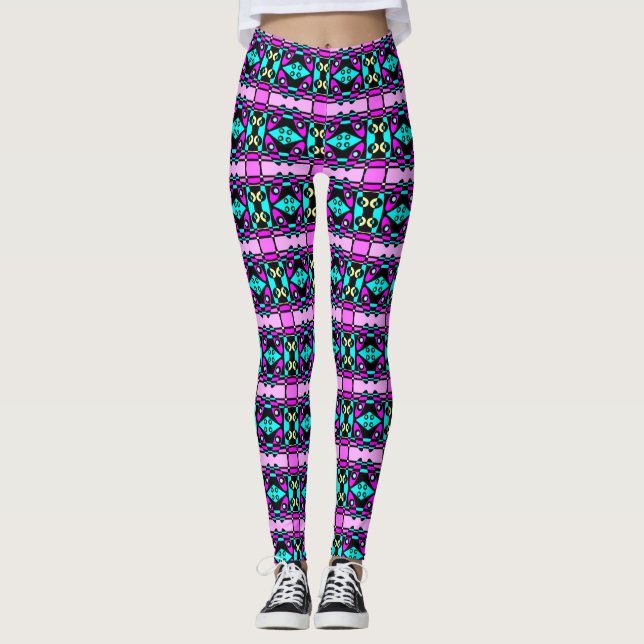 Abstract Surfing Turquoise Hot Pink Yellow Black 2 Leggings (Front)