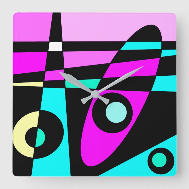 Abstract Surfing Turquoise Hot Pink Yellow Black  Square Wall Clock (Front)