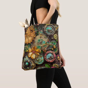 Abstract Surreal Gears Flowers Steampunk Art Tote Bag